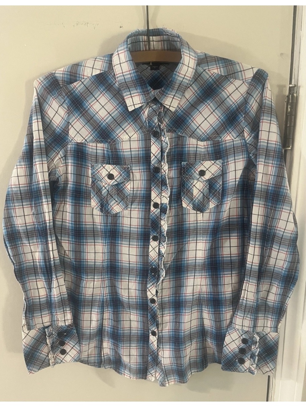 GAP Women Small Plaid Western Ruffle Preppy Button Front Shirt Cotton Longsleeve